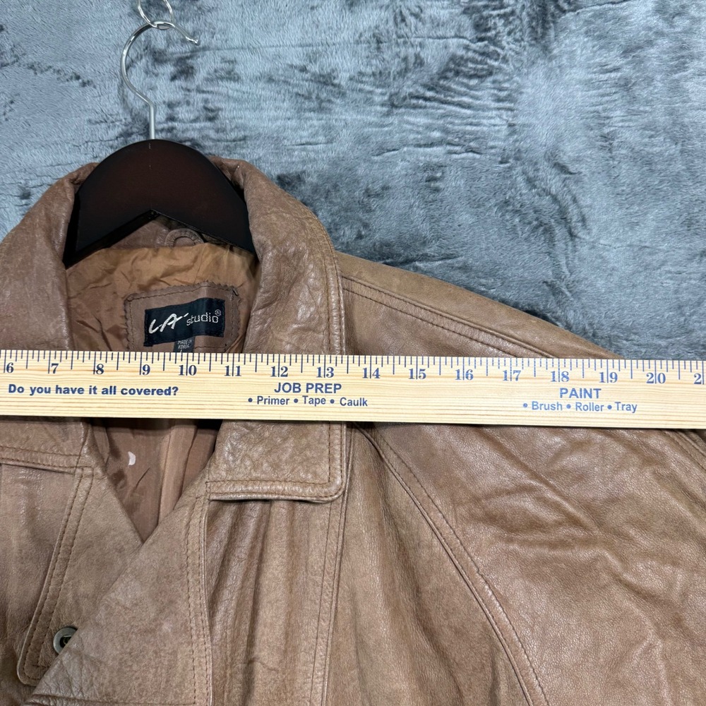 LA Studio Vintage Brown Leather Bomber Jacket Belted Mens Large Made in Korea - Picture 4 of 11